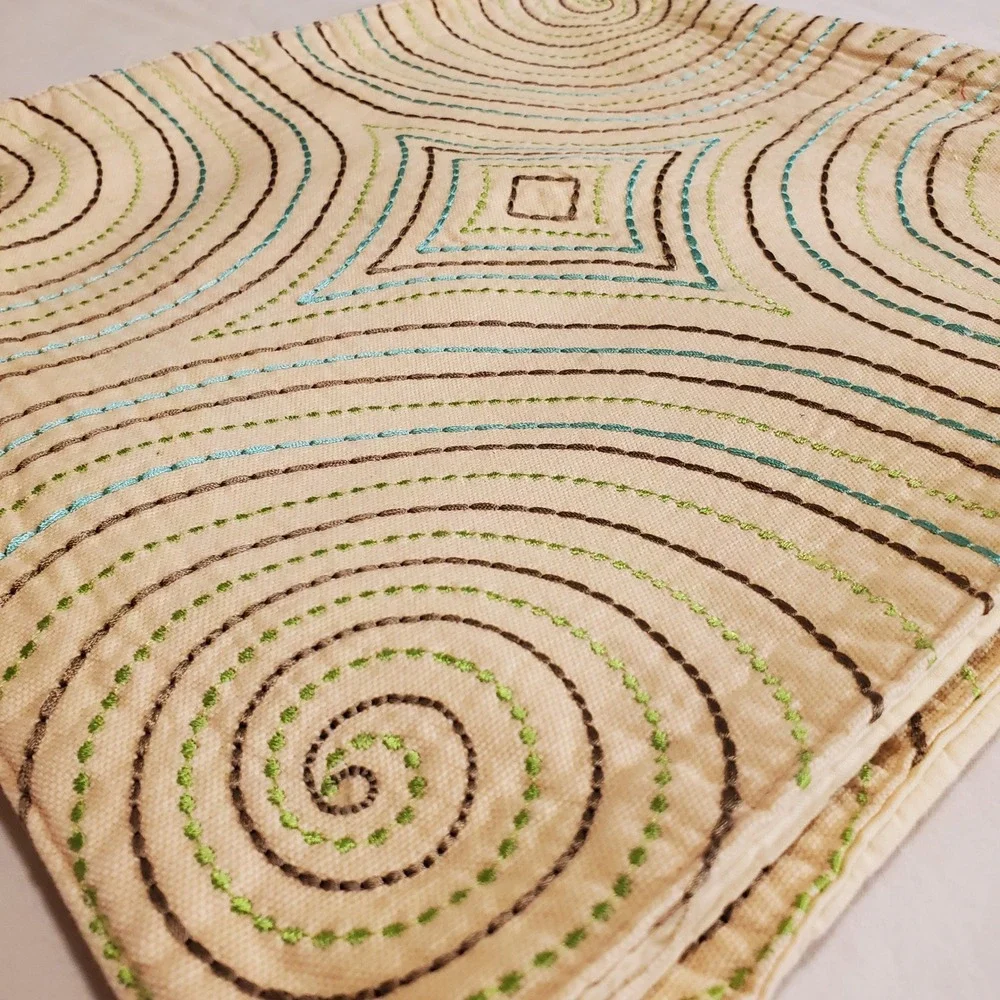 Set of 4 Embroidered Cotton Square Placemats Cream Teal Brown Spiral Geometric